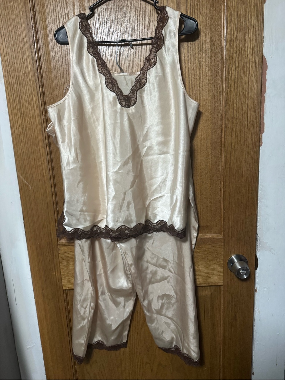Cream Satin Pajama Set with Brown Lace Trim